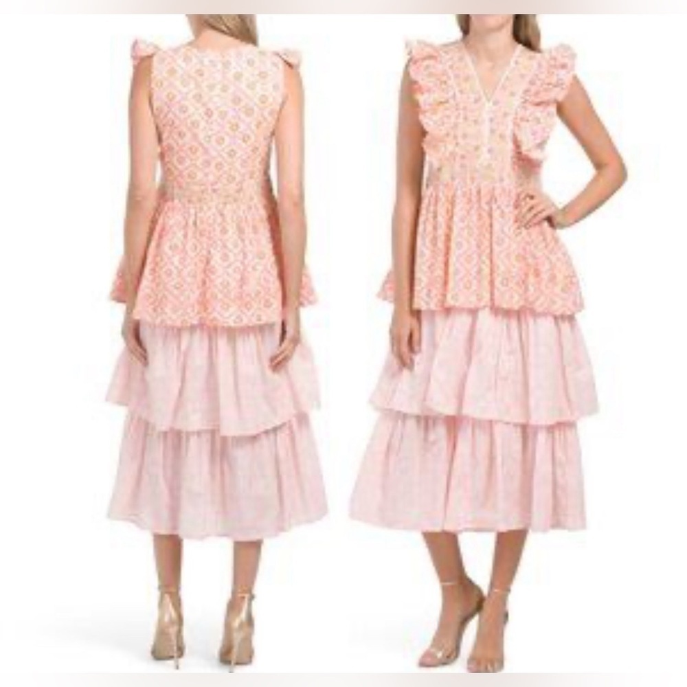 NWT MAREA THE FIESTA MIDI pink tiered romantic cotton ruffle embroidered dress